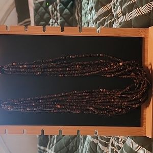 Multi Strand Dark Wood Bead Necklace Boho Statement Adjustable Cord Tribal Style
